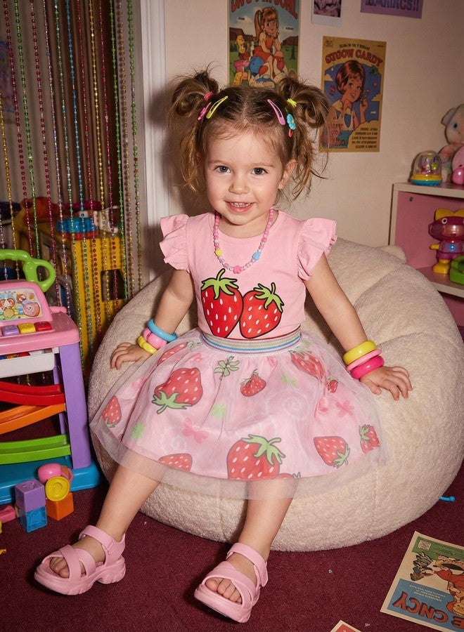 RETSUGO Girls Skirt and Top Set Flutter Sleeve Strawberry Shirt Tulle Skirts Set Kids Tutu Dress Toddler 2PC Fruit Print School Outfits 5-6 Yeras - Image 2